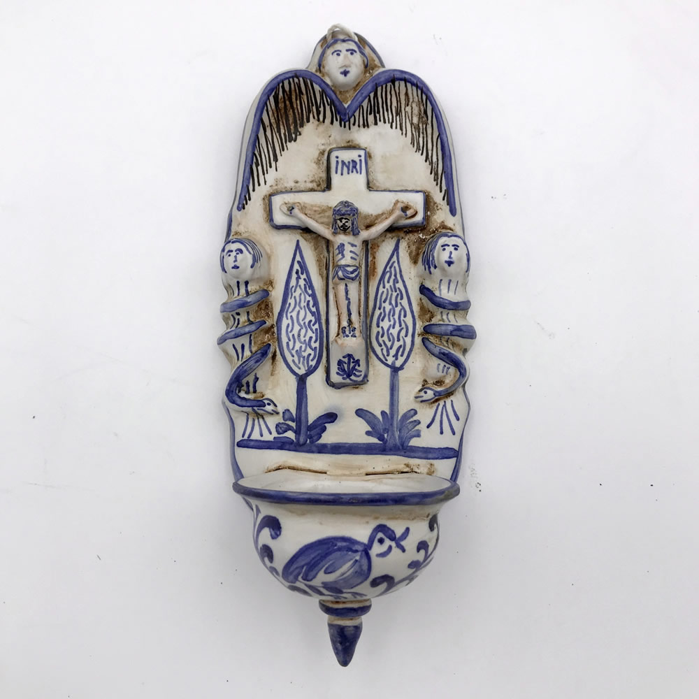Reproducción benditera de Muel grande azul, Jesucristo con ángel arriba