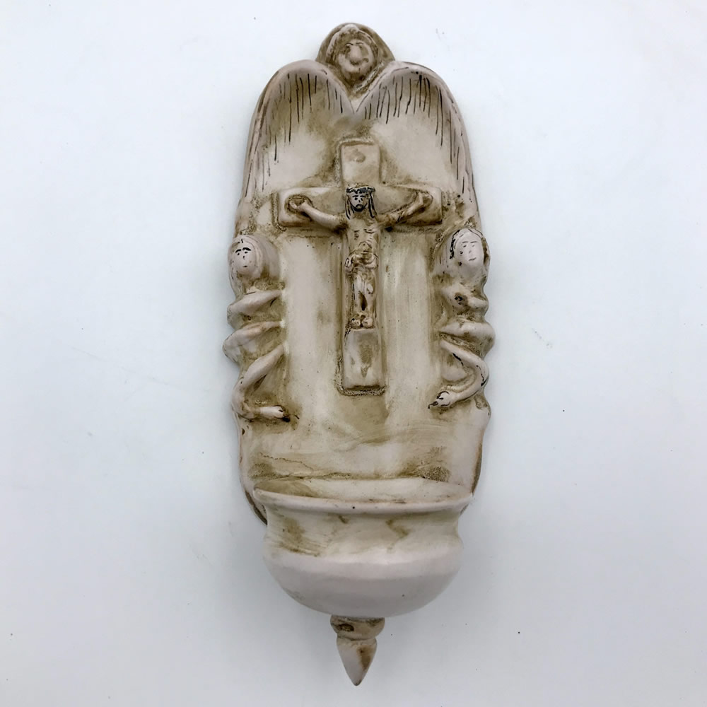 Reproducción benditera de Muel grande blanca, Jesucristo con ángel arriba